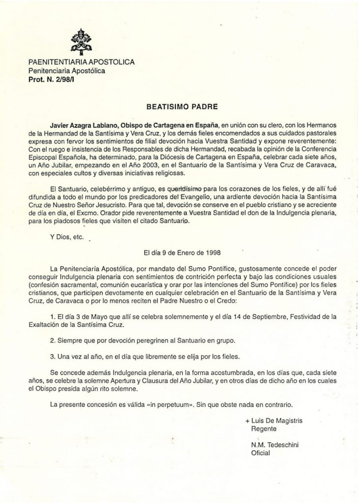 decreto de concesión del año santo perpetuo al santuario de la vera cruz