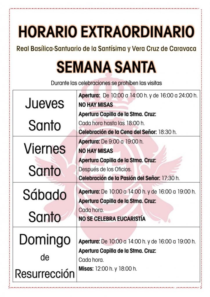 Cartel con horarios de Semana Santa de la Basílica de la Vera Cruz de Caravaca.