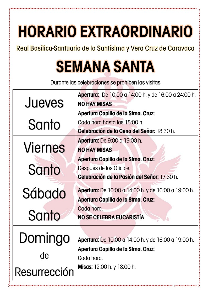 Cartel con horarios de Semana Santa de la Basílica de la Vera Cruz de Caravaca.
